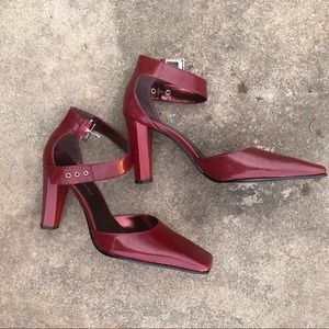 Vintage Red Square Toe Heels w/ Grommet Buckle